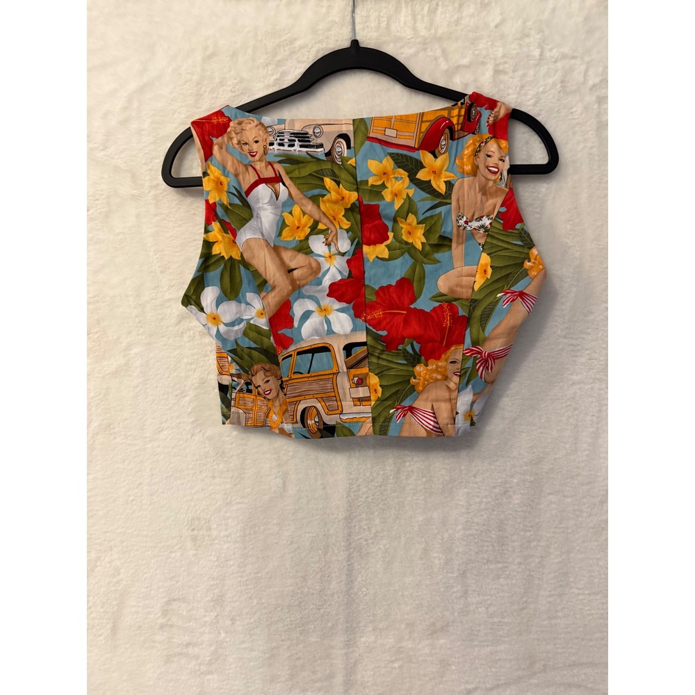 Vintage Pin Up Girl Tropical Crop Top Women Small Sleeveless Rockabilly Hawaiian